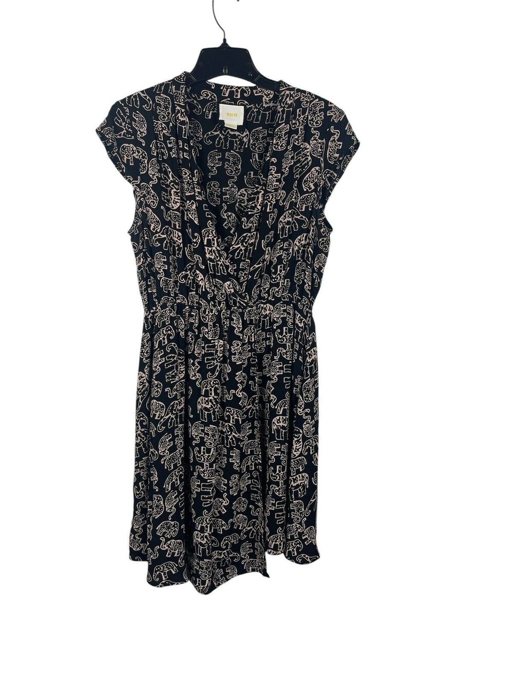 Maeve Anthropologie Black Elephant Print Faux Wrap Dress M Boho